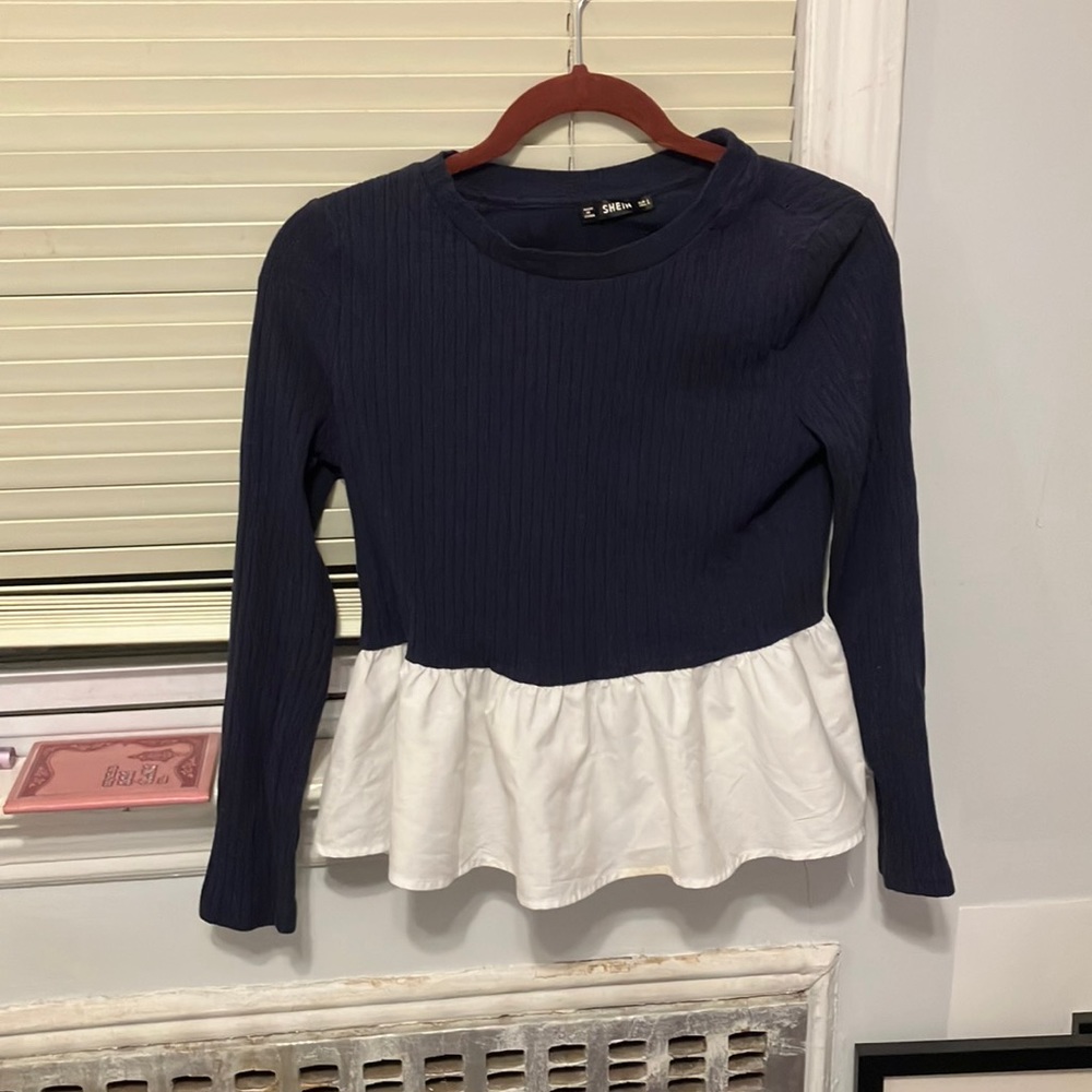 Shein shirt navy peplum shirt. Kind of crop shirt if your tall